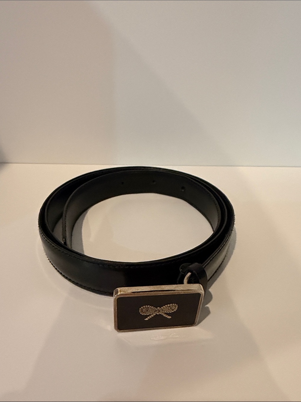 Vintage Anya Hindmarch Black Leather Belt. Decorative Rope-Knot Enamel Buckle